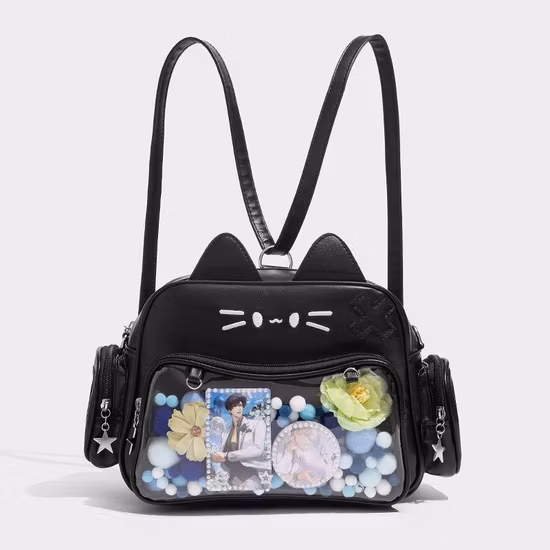 Zaino piccolo con tracolla, stile kawaii, stile gatto nero Y2K